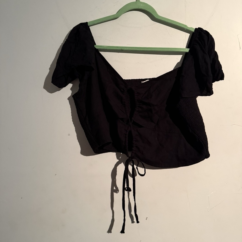 American Eagle Black Corset Crop XXL Puff‎ Sleeve Tie Front Coquette Cottagecore